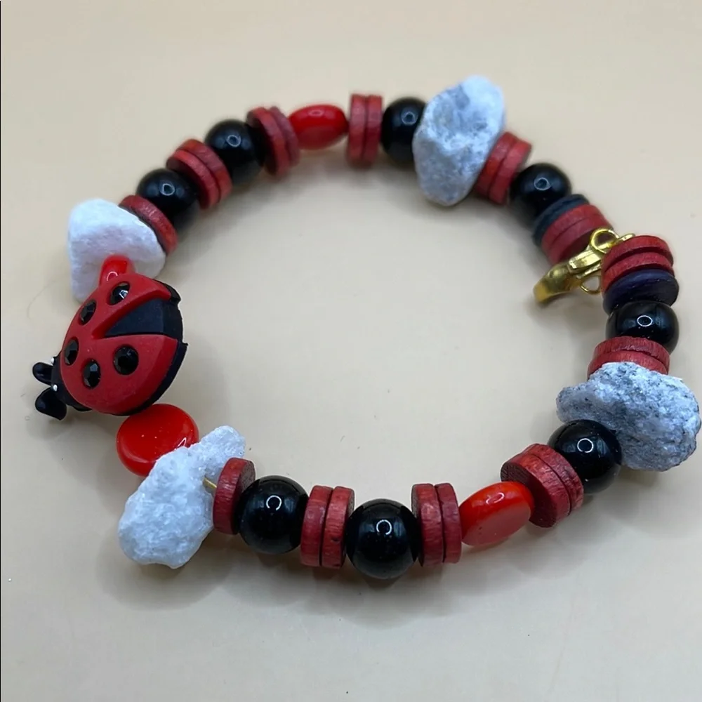 Whimsical Ladybug Beaded Bracelet - Red Black & stones